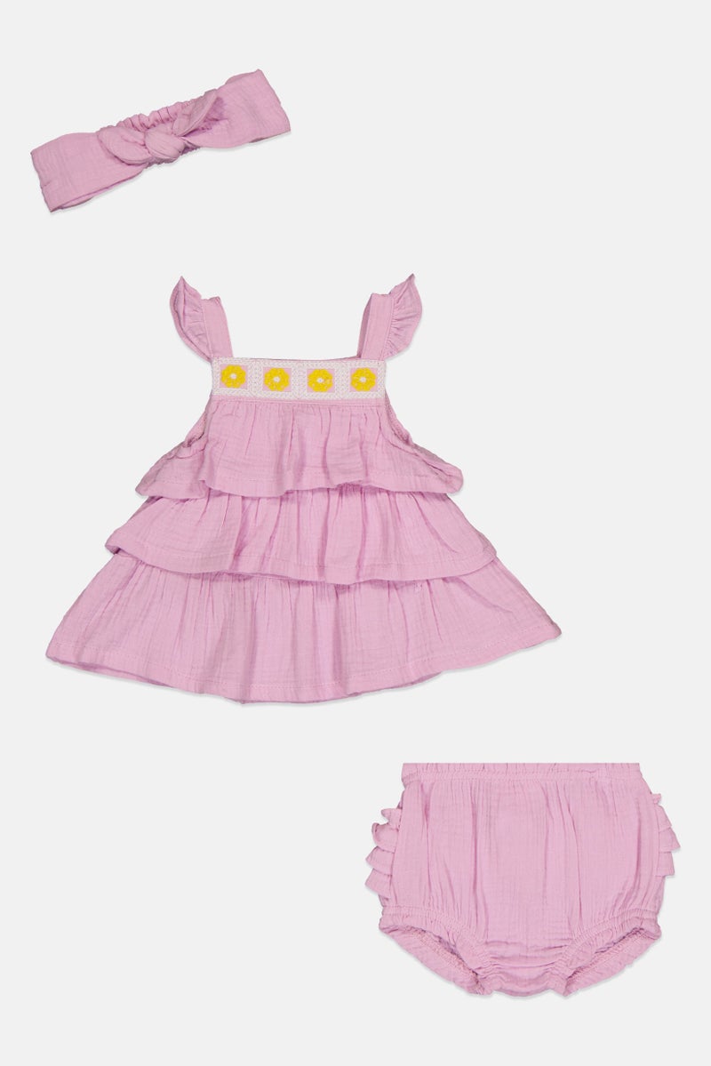Nanette lepore Toddlers Girl 3 Pieces Embroidered Tiered Dress And Panty With Headband Set, Lavender - Image 2