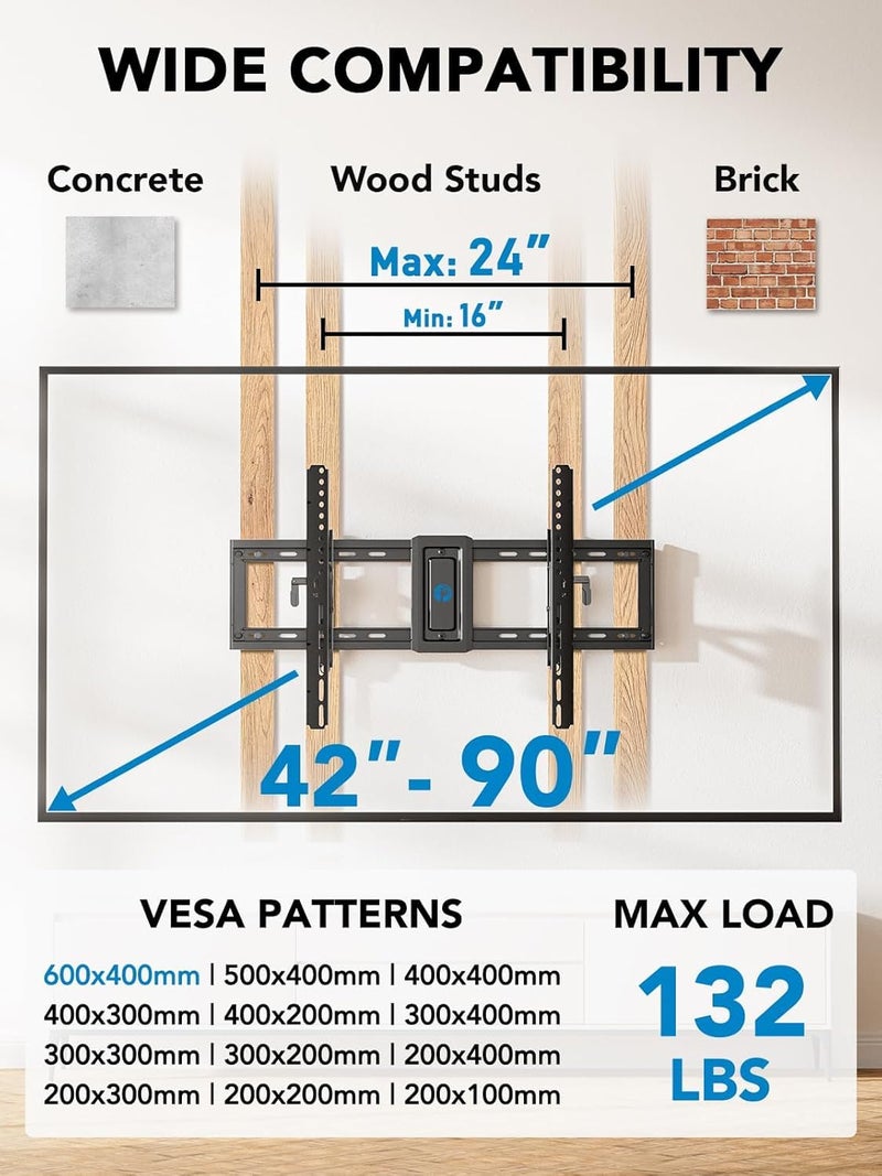 Pipishell UL Listed TV Wall Mount for 42â€“90 inch TVs, Advanced Tilt TV Mount Bracket with 15Â° Full Tilt, 6-inch Arm Extension, Slide to Center, 16â€³/18â€³/24â€³ Wood Studs, Max VESA 600x400mm up to 132 lbs - Image 2