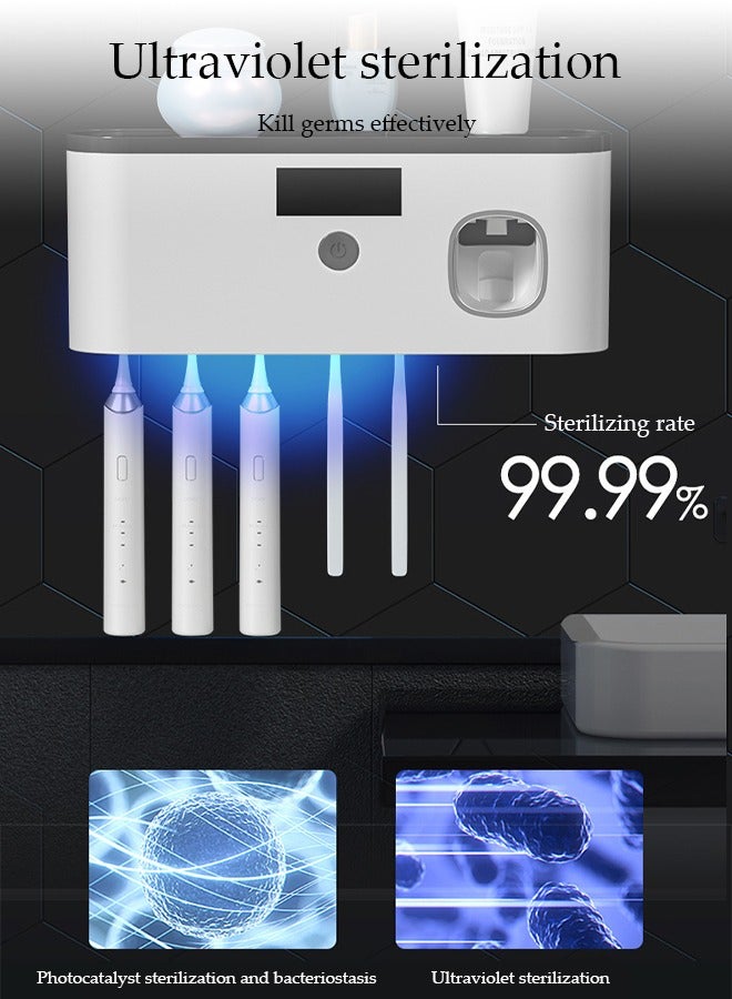 DUNISO معقم فرشاة الأسنان، حامل فرشاة أسنان ذكي مثبت على الحائط، مع تعقيم بالأشعة فوق البنفسجية، لوحة شمسية ووظائف ضغط معجون الأسنان، مع 5 فتحات، قدرة تحمل قوية - Image 5