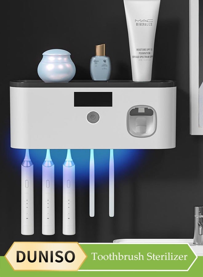 DUNISO معقم فرشاة الأسنان، حامل فرشاة أسنان ذكي مثبت على الحائط، مع تعقيم بالأشعة فوق البنفسجية، لوحة شمسية ووظائف ضغط معجون الأسنان، مع 5 فتحات، قدرة تحمل قوية - Image 1