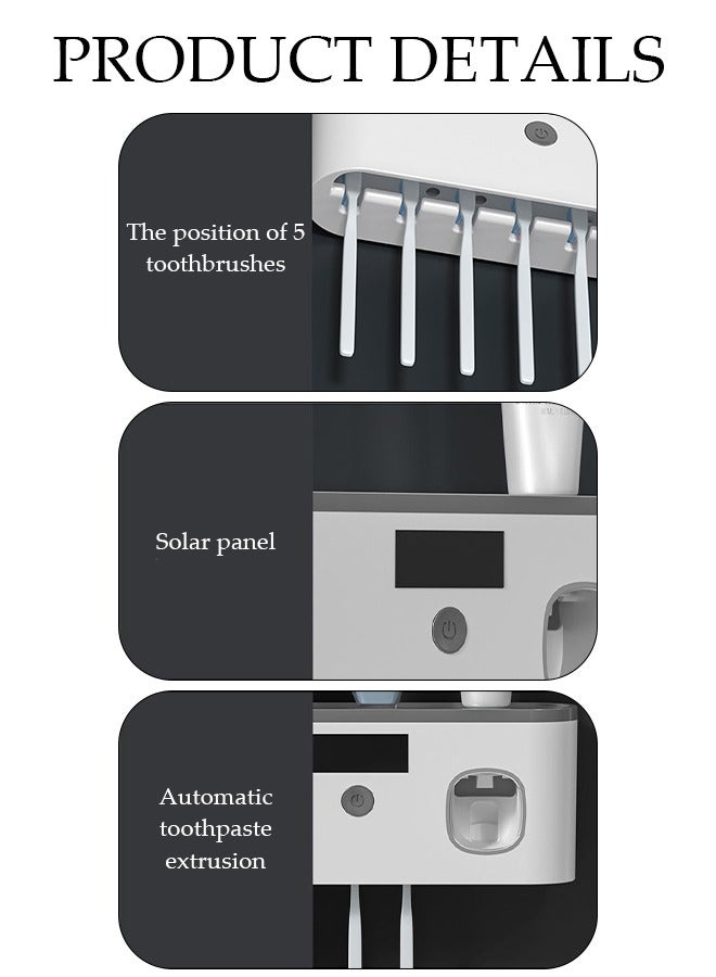 DUNISO معقم فرشاة الأسنان، حامل فرشاة أسنان ذكي مثبت على الحائط، مع تعقيم بالأشعة فوق البنفسجية، لوحة شمسية ووظائف ضغط معجون الأسنان، مع 5 فتحات، قدرة تحمل قوية - Image 3