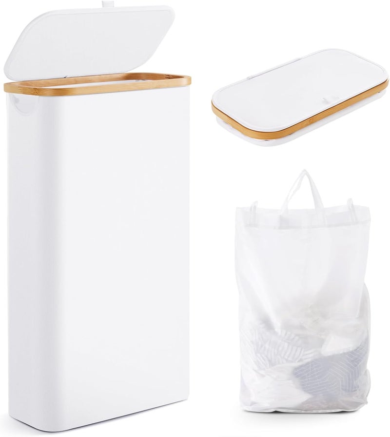 Fiona's magic Slim Laundry Hamper with Lid, 63L Narrow Laundry Basket with Removable Bag, White Collapsible Dirty Clothes Basket, Thin Tall Storage Basket for Bathroom, Bedroom - Image 1