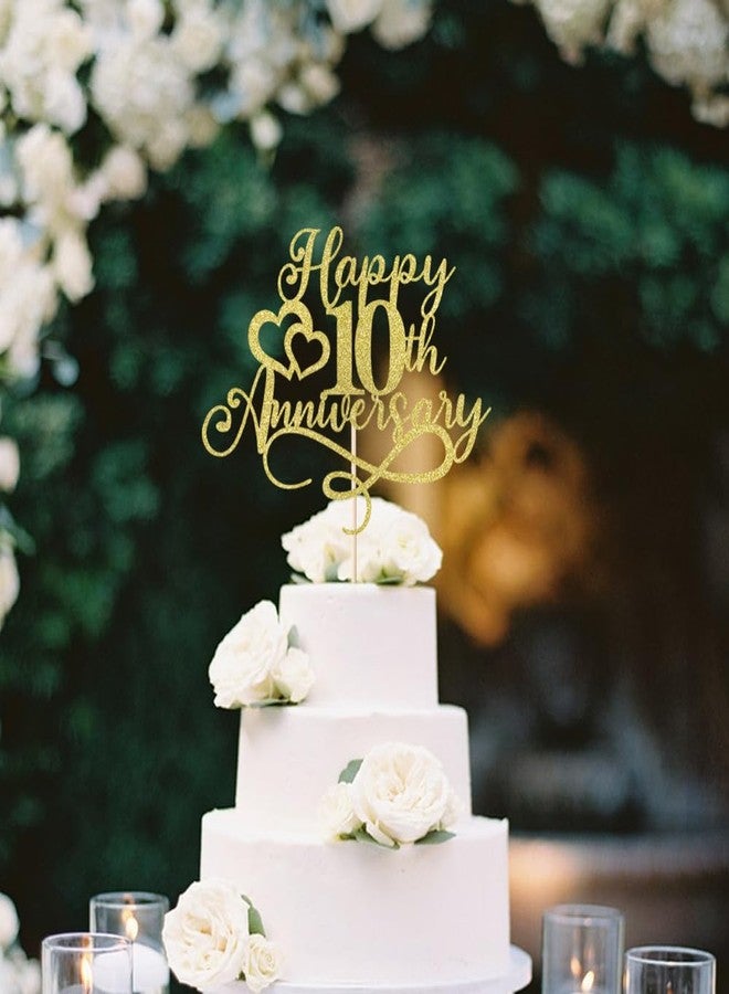 Florcmet Golden Glitter Happy 10th Anniversary Cake Toppers - Wedding & Birthday Party Decorations (10) - Image 1