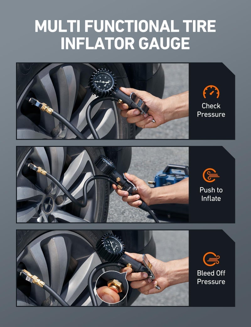 AstroAI Glow Dial Tire Inflator with Pressure Gauge 100 PSI, Heavy Duty with Large 2" Easy Read Glow Dial, Air Chuck, Quick Connect Coupler and Rubber Hose Compressor Accessories, Gifts for Men. - Image 2