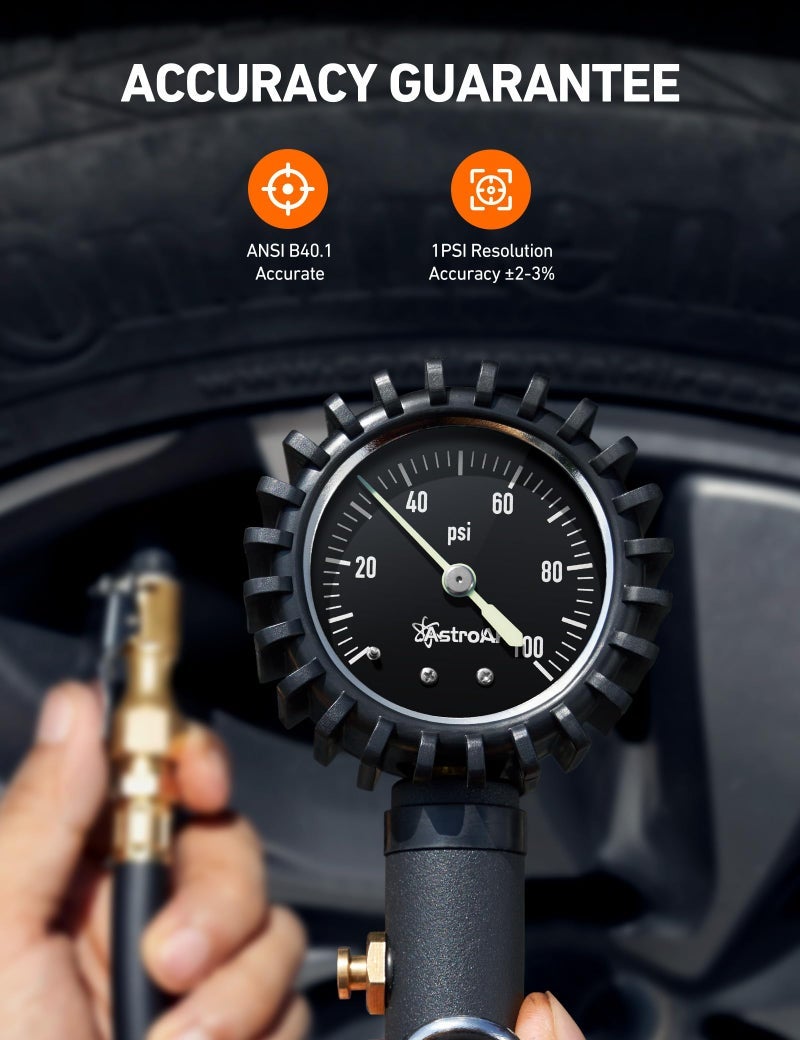 AstroAI Glow Dial Tire Inflator with Pressure Gauge 100 PSI, Heavy Duty with Large 2" Easy Read Glow Dial, Air Chuck, Quick Connect Coupler and Rubber Hose Compressor Accessories, Gifts for Men. - Image 3