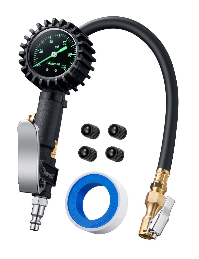 AstroAI Glow Dial Tire Inflator with Pressure Gauge 100 PSI, Heavy Duty with Large 2" Easy Read Glow Dial, Air Chuck, Quick Connect Coupler and Rubber Hose Compressor Accessories, Gifts for Men. - Image 1