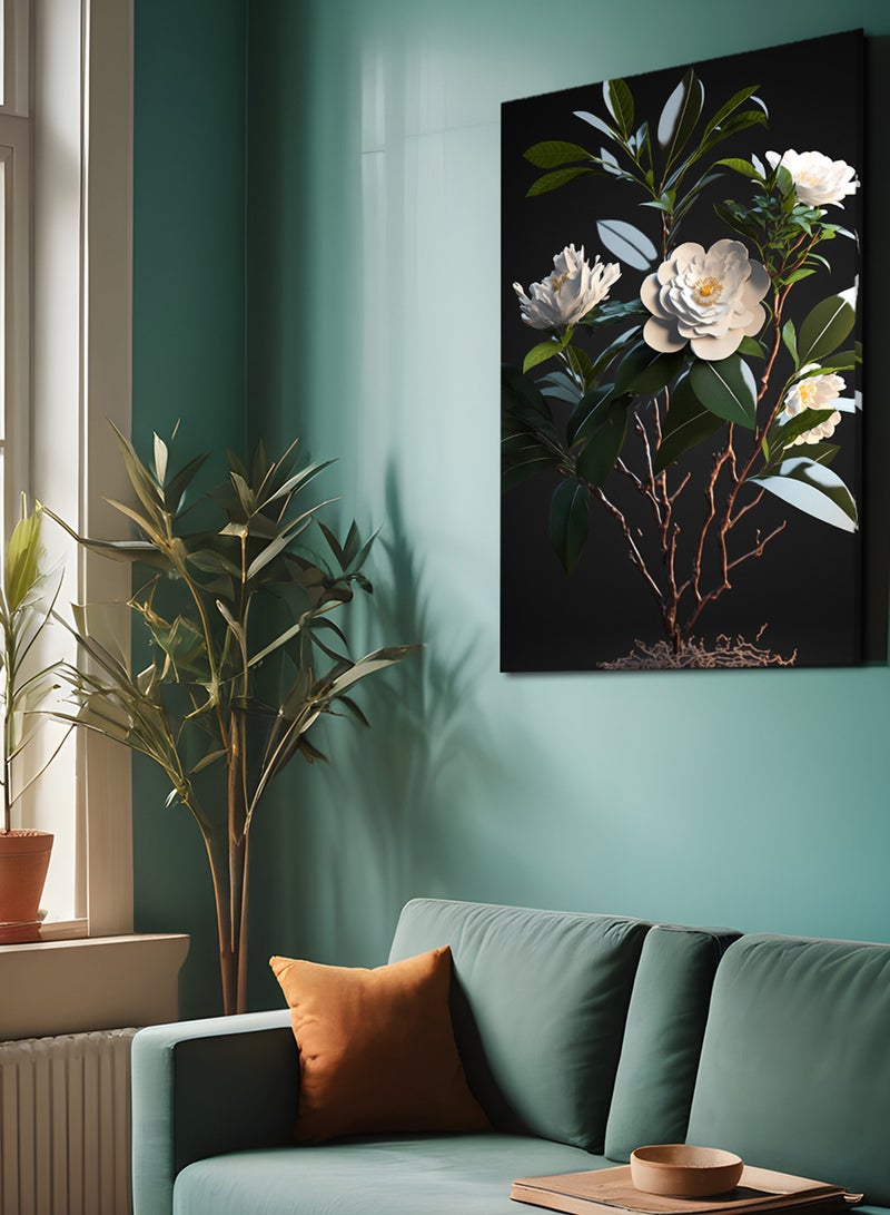 LOWHA Framed Canvas Wall Art Stretched Over Wooden Frame, White Flowers Painting - Image 1