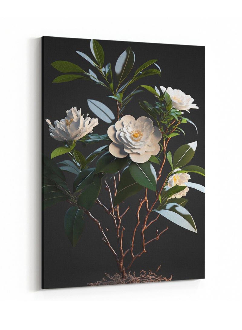 LOWHA Framed Canvas Wall Art Stretched Over Wooden Frame, White Flowers Painting - Image 4