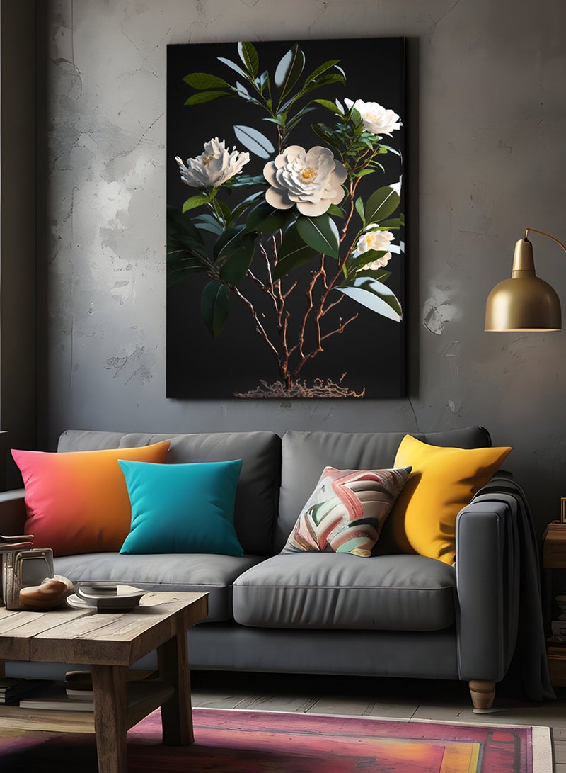 LOWHA Framed Canvas Wall Art Stretched Over Wooden Frame, White Flowers Painting - Image 2