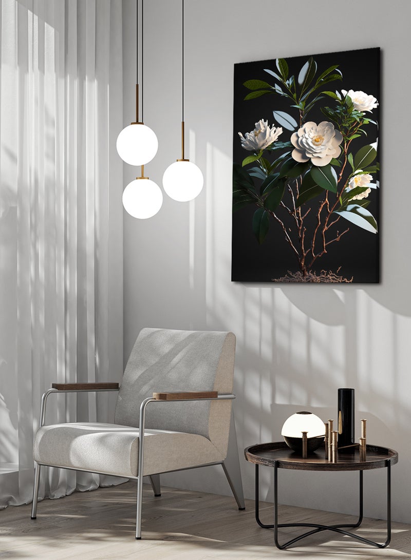 LOWHA Framed Canvas Wall Art Stretched Over Wooden Frame, White Flowers Painting - Image 3