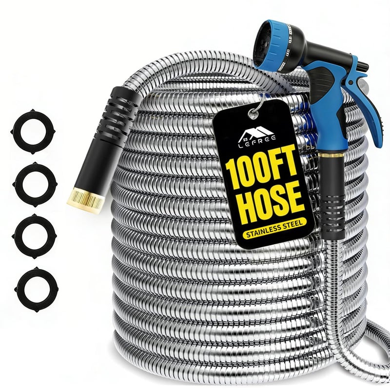Lefree 100ft Metal Garden Hose - Heavy Duty 304 Stainless Steel Flexible Water Hose, No Kinks & Leak-Proof with Upgraded Handle, 10-Function Spray Nozzle & 4 Spare Gaskets for Yard, RV, Pet Bath - Image 1