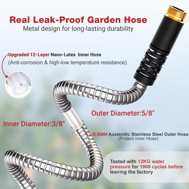 Lefree 100ft Metal Garden Hose - Heavy Duty 304 Stainless Steel Flexible Water Hose, No Kinks & Leak-Proof with Upgraded Handle, 10-Function Spray Nozzle & 4 Spare Gaskets for Yard, RV, Pet Bath - Image 4