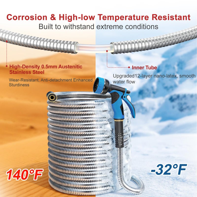 Lefree 100ft Metal Garden Hose - Heavy Duty 304 Stainless Steel Flexible Water Hose, No Kinks & Leak-Proof with Upgraded Handle, 10-Function Spray Nozzle & 4 Spare Gaskets for Yard, RV, Pet Bath - Image 5
