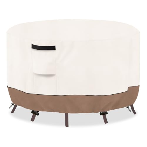 SoloToo Round Outdoor Table Cover Waterproof Heavy Duty Patio Furniture Covers Round Patio Table Chair Set Covers 48 Dia x 28 H Beige Brown - Image 1