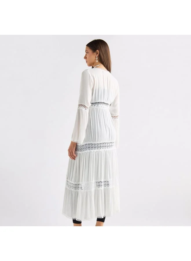 Splash FAV Lace Detail Longline Tiered Shrug with Tie-Ups and Long Sleeves