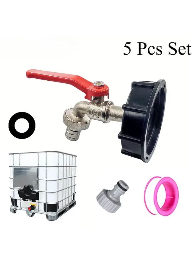 5 Pcs Heavy Duty IBC Ton Barrel Valve Adapter Set 4 Point And 6 Point Alloy Faucet With Plastic Nozzle And Brass Connector Anti Pressure Corrosion Resistant Leak Proof Seal Compatible With US And EU Thread Standards Ideal For Secure Liquid Transfer - Image 1