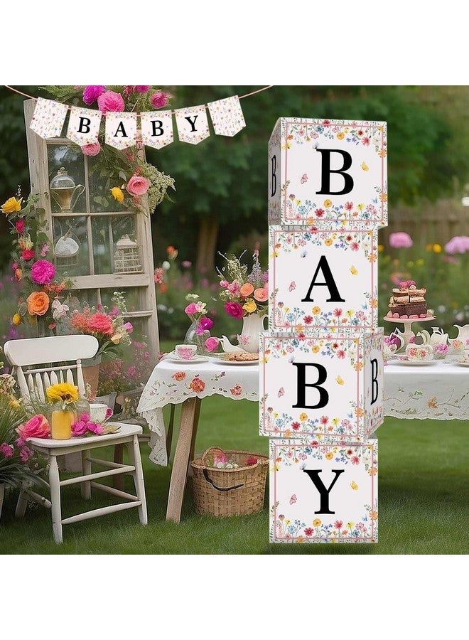 Heboland Wildflower Baby Shower Decorations - 4 Pcs in Bloom Thickened Cardstock Blocks With Letters, Banner, Clear Stickers for Girls Party Decor - Image 1