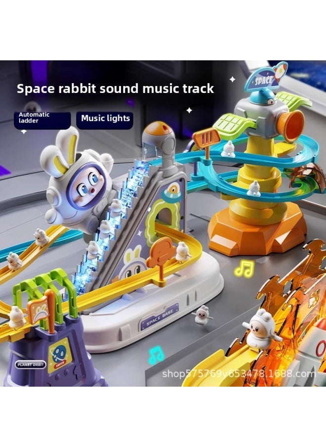null - Space Rabbit Slide Electric Rail Car Yellow Duck Climbing Stairs Slide Baby Training Head Up Children's Educational Toys-Color:Space Rabbit Track Adventure Basic Model (3 Rabbits)-Specifications:Standard - Image 1
