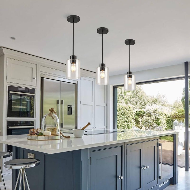 KLSS Black Pendant Lights Kitchen Island - Seeded Glass Pendant Light Fixture Multiple Stems Rods (3 Pack with Rod seeded Glass) - Image 2