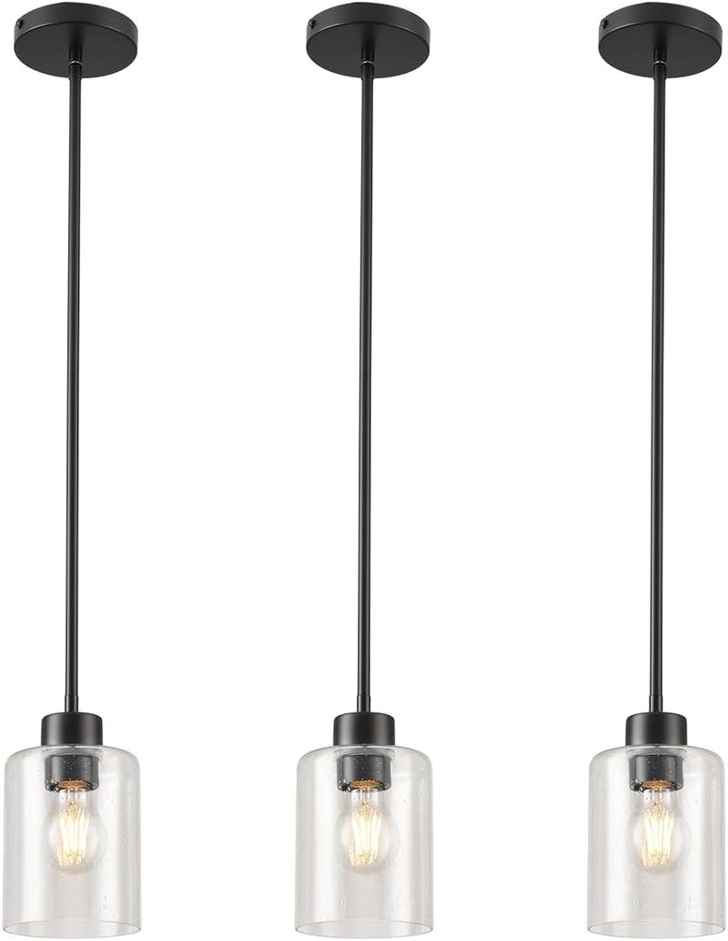KLSS Black Pendant Lights Kitchen Island - Seeded Glass Pendant Light Fixture Multiple Stems Rods (3 Pack with Rod seeded Glass) - Image 1
