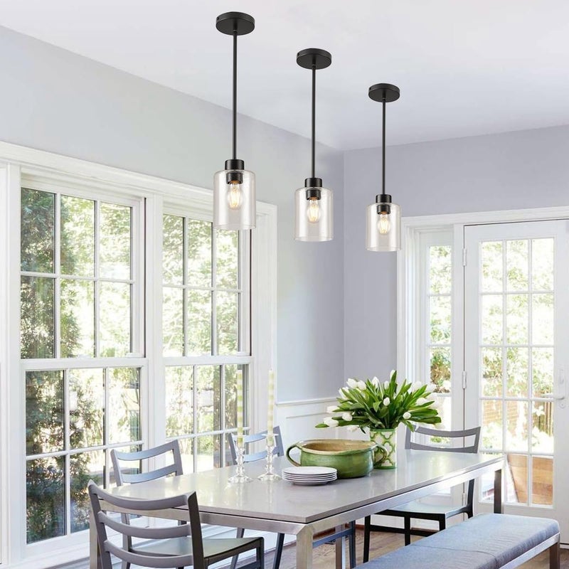 KLSS Black Pendant Lights Kitchen Island - Seeded Glass Pendant Light Fixture Multiple Stems Rods (3 Pack with Rod seeded Glass) - Image 3
