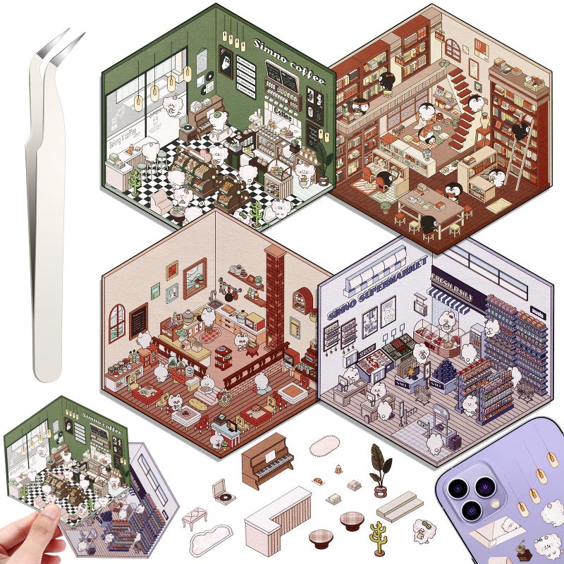 DIY 3D House Stickers 4 Set Fun DIY Stickers Scene Make Your Own Warm Home Supermarket Coffee Shop Music Bar Cute 3D Cartoon Scene Sticker for Adult Kids Relief Stress Pass The Time