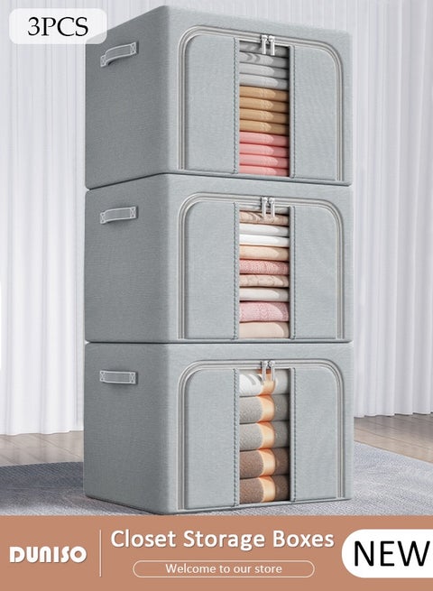 3 Packs Clothes Storage Box, Oxford Cloth Large Capacity Closet Storage Organizer, Foldable Steel Frame Storage Box with Clear Window and Portable Handle,Waterproof Storage Bins for Bedding, Blankets, Pillows, Toys, Books,Clothes