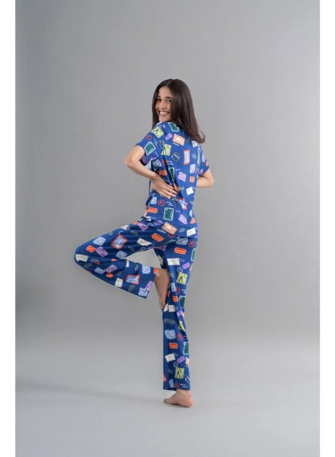 NeceSera Wanderlust Blue Modal Button Down Pajama Set