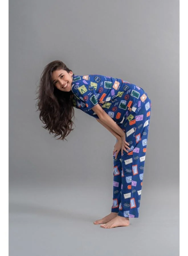 NeceSera Wanderlust Blue Modal Button Down Pajama Set