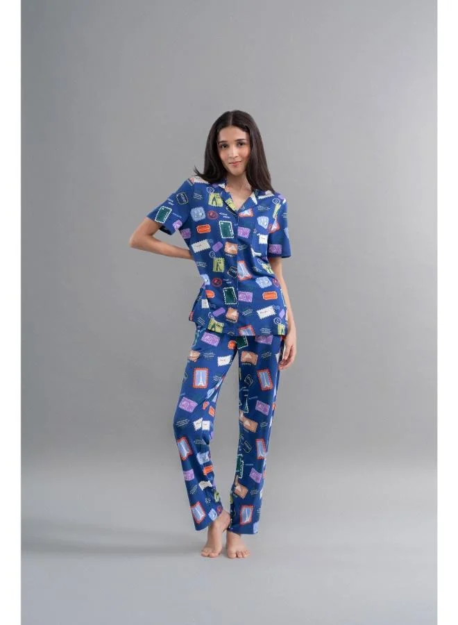 NeceSera Wanderlust Blue Modal Button Down Pajama Set