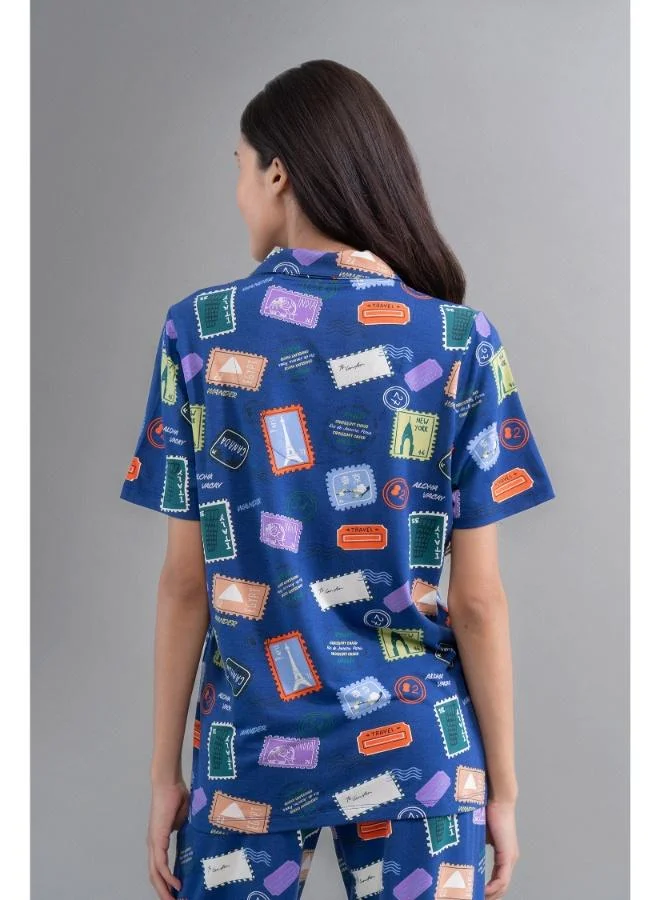 NeceSera Wanderlust Blue Modal Button Down Pajama Set