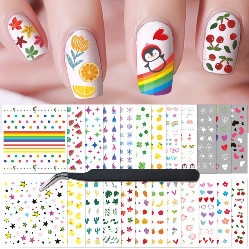 24 Sheets Nail Art Stickers Nail Sticker Decals for Girl Women Cute Flower Heart Rainbow Star Nail Stickers Decoration SelfAdhesive