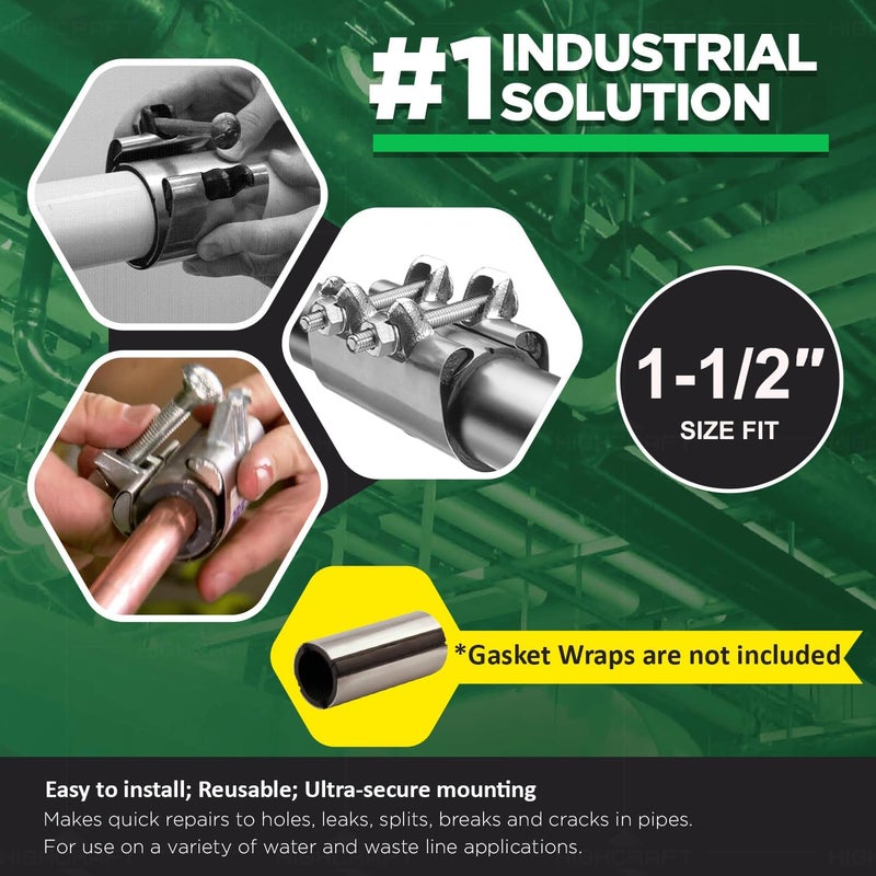HIGHCRAFT 60150TTSD-5، مشبك إصلاح أنبوب مفرد 1-1/2''، براغي مزدوجة، 6 بوصة طول، فولاذ مقاوم للصدأ (5 عبوات)، كروم - Image 4