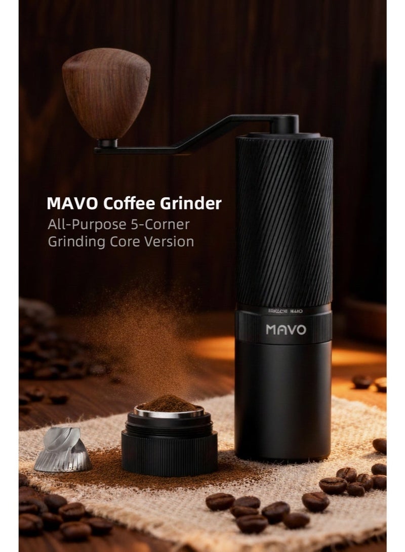 مطحنة قهوة يدوية MAVO Shadow Wand – شفرات خماسية من الفولاذ المقاوم للصدأ 420 بتقنية CNC، تصميم قابل للفك من الداخل والخارج، هيكل من الألمنيوم بالكامل، مقبض خشبي، إعدادات طحن قابلة للتعديل للإسبريسو والبور أوفر (أسود) - Image 2