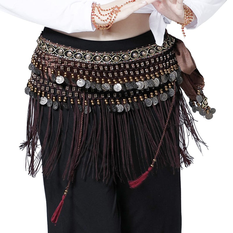 Wuchieal Belly Dance Tribe National Style Belt Tassel Hip Scarfs Velvet Waist Large, Brown - Image 2