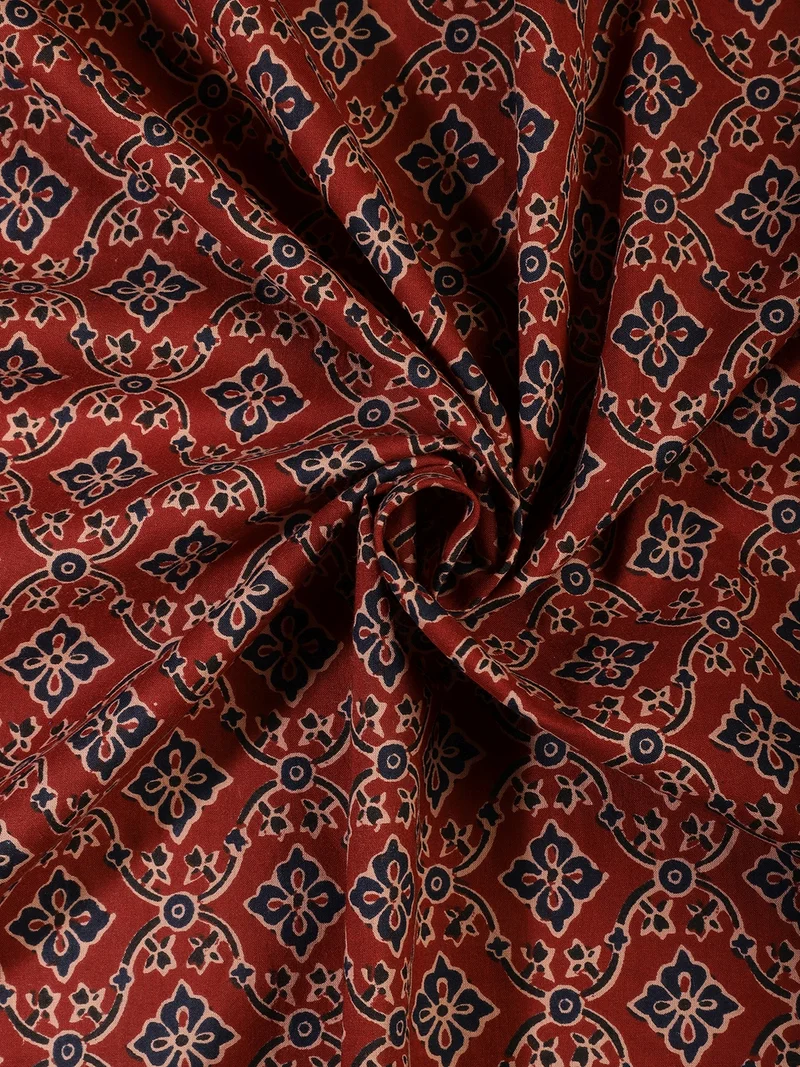 AKS Maroon Floral Block Print Fabric One Meter