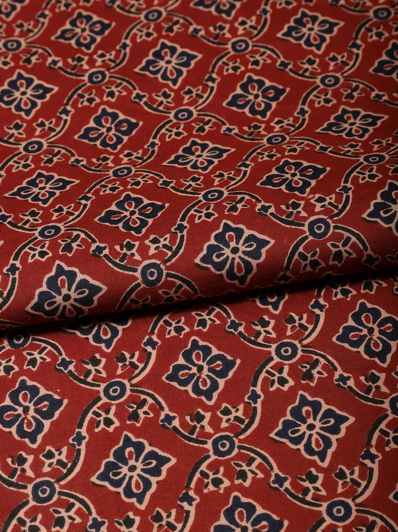 AKS Maroon Floral Block Print Fabric One Meter