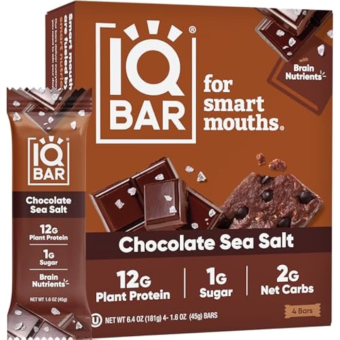 IQBAR Brain and Body Plant Protein Bars - Chocolate Sea Salt - 4-Count Low Carb - Gluten Free, High Fiber, Vegan Snacks - Low Sugar Meal Replacement - Image 1