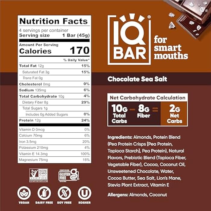 IQBAR Brain and Body Plant Protein Bars - Chocolate Sea Salt - 4-Count Low Carb - Gluten Free, High Fiber, Vegan Snacks - Low Sugar Meal Replacement - Image 3