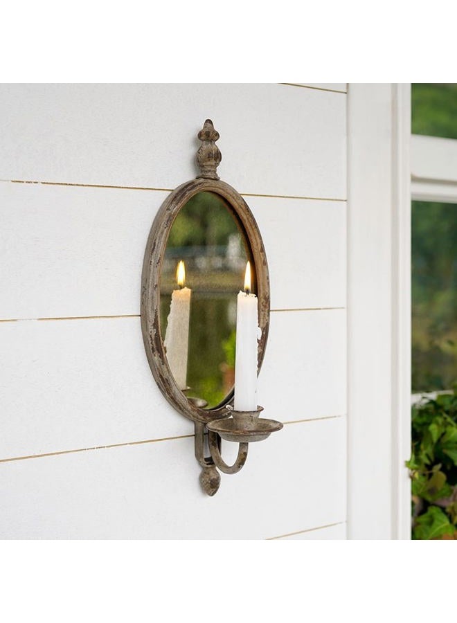 SOFFEE DESIGN Antique Metal Candle Holder Wall Mounted with Oval Faded-Looking Mirror, Distressed Candlestick Holder Iron Candle Sconce, Rustic Hanging Wall Candleholder Home Décor - Image 1