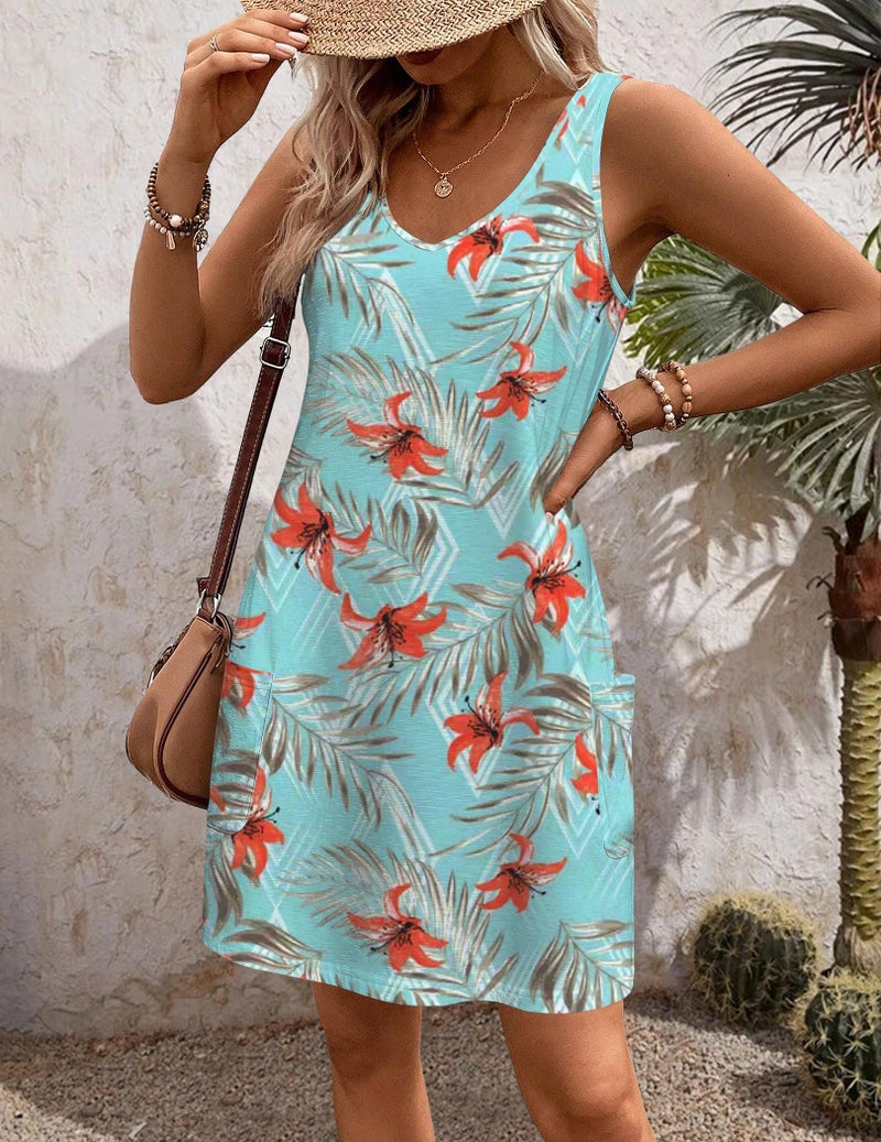 HOTOUCH Women's Boho Beach Dress Summer Tshirt Dress Women Hawaiian Dress with Pockets Casual Shift Dress Women Tank Sun Dresses Large Blue-Print - Image 3