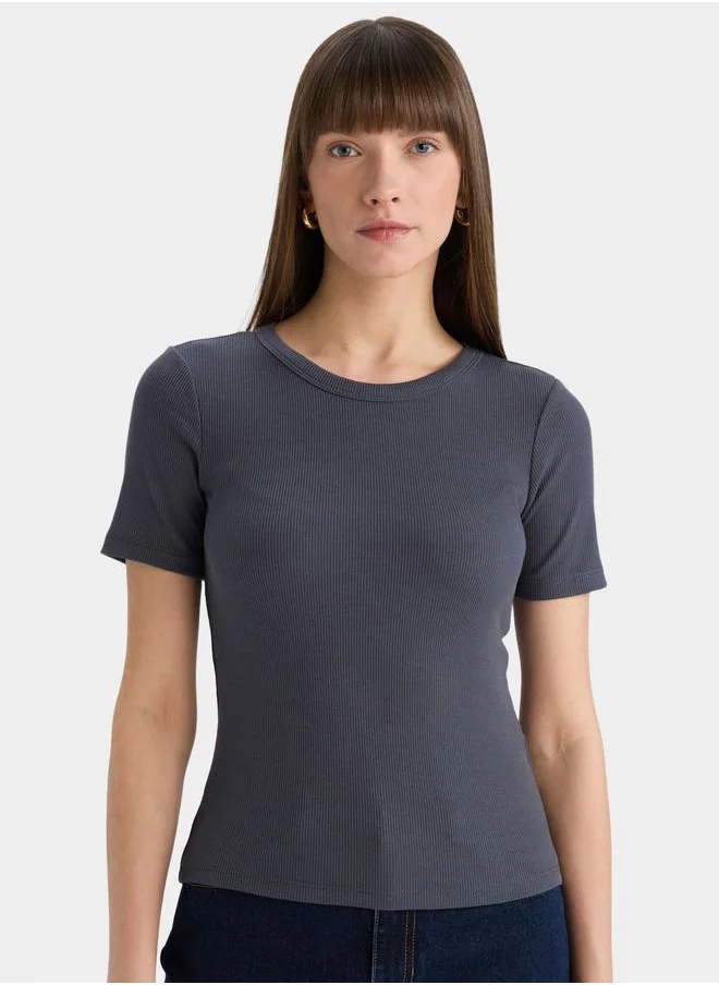 DeFacto DeFacto Women Black Ribbed Crew Neck TShirt