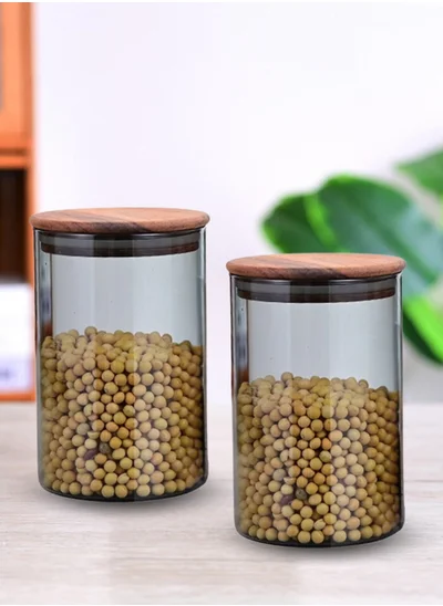 1Chase Borosilicate Glass Storage Jar Smoky Grey 900 ML - (Set of 2) | Airtight Food Container with Acacia Wooden Lid | Durable & Stylish Kitchen Storage