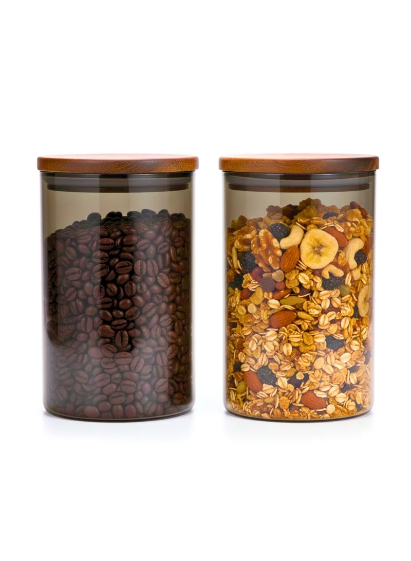1Chase Borosilicate Glass Storage Jar Smoky Grey 900 ML - (Set of 2) | Airtight Food Container with Acacia Wooden Lid | Durable & Stylish Kitchen Storage