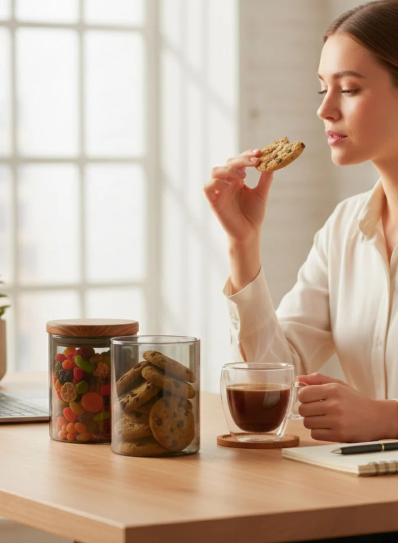 1Chase Borosilicate Glass Storage Jar Smoky Grey 900 ML - (Set of 2) | Airtight Food Container with Acacia Wooden Lid | Durable & Stylish Kitchen Storage