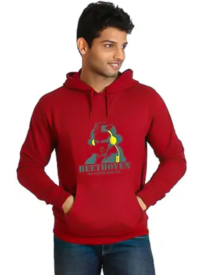 Campus Sutra Men's Rose Red Beethovan Print Pullover Hoodie