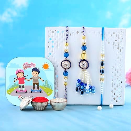 CraftVatika Magnet with Evil Eye Rakhi for Brother Bhabhi Kids, Rakhi Set of 3 for Bhaiya Bhabhi Kids, Rakhi for Men Women, Evil Eye Lumba, Rakhi with Magnet Gift, Fridge Magnet for Fridge Door Decor - Image 1