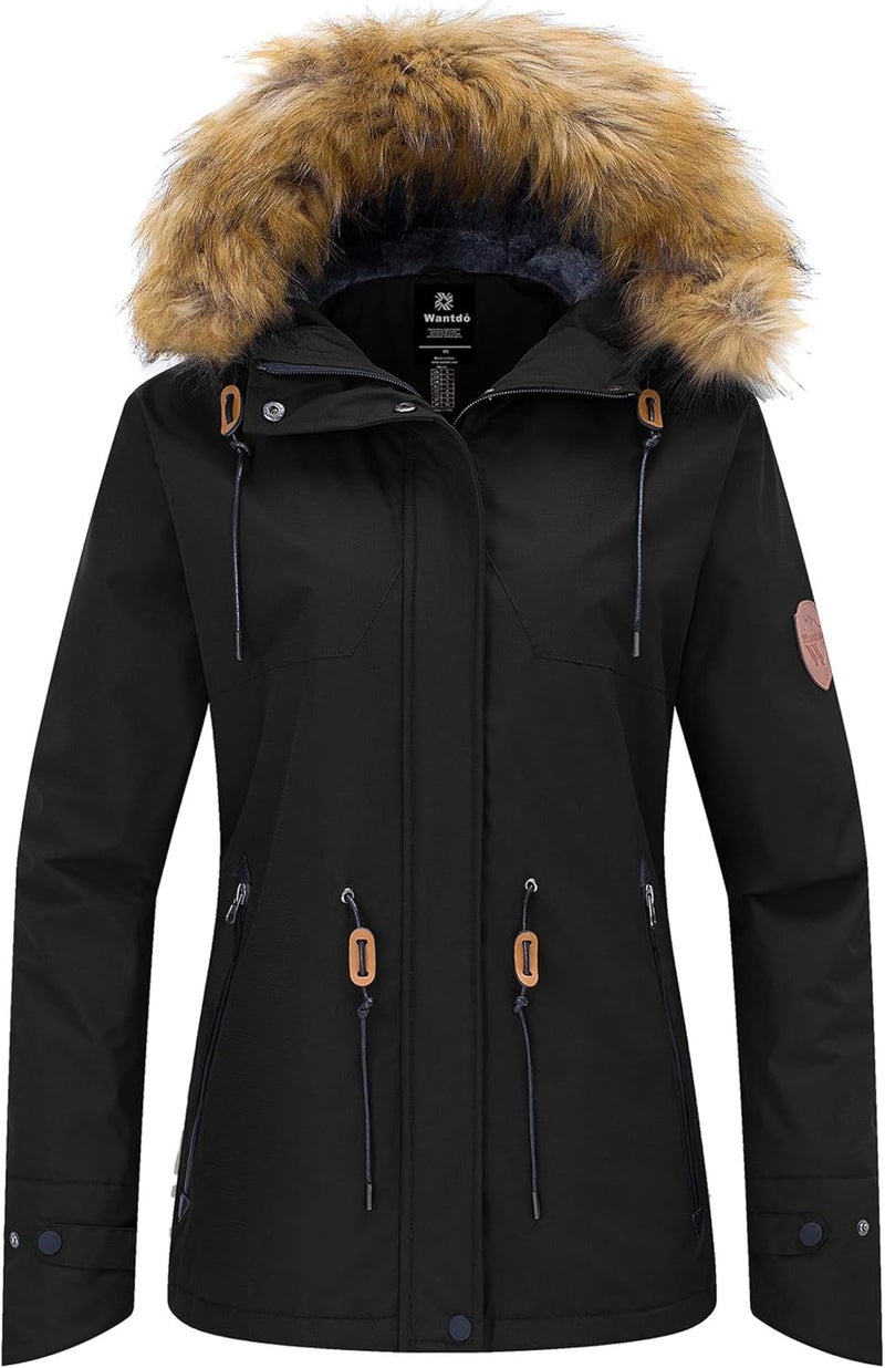 Wantdo Women's Waterproof Ski Jacket with Faux Fur Collar - Black - Image 1