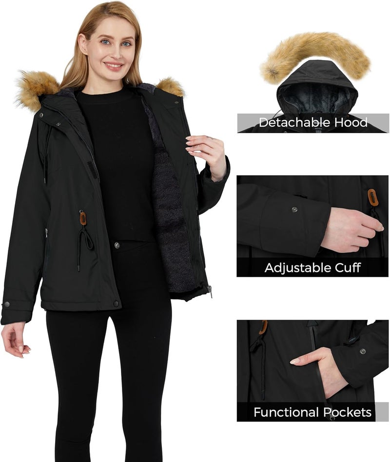 Wantdo Women's Waterproof Ski Jacket with Faux Fur Collar - Black - Image 5