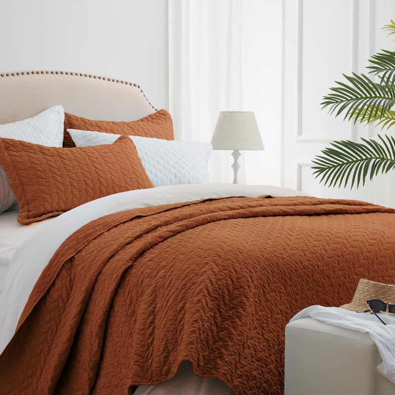 SunStyle Home Quilt Set Queen Brunt Orange Lightweight Bedspread Soft Reversible Coverlet for All Season 3pcs Leaf Embroidered Quilted Bedding Sets 1 Quilt 2 Pillow Shams90x96